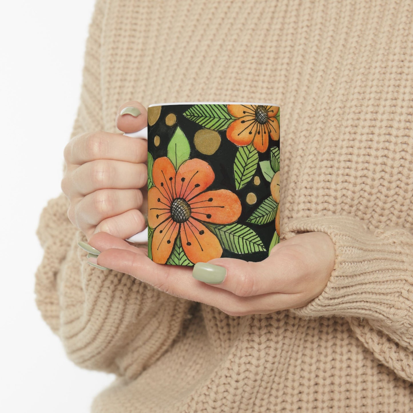Orange Flower Ceramic Mug, (11oz)