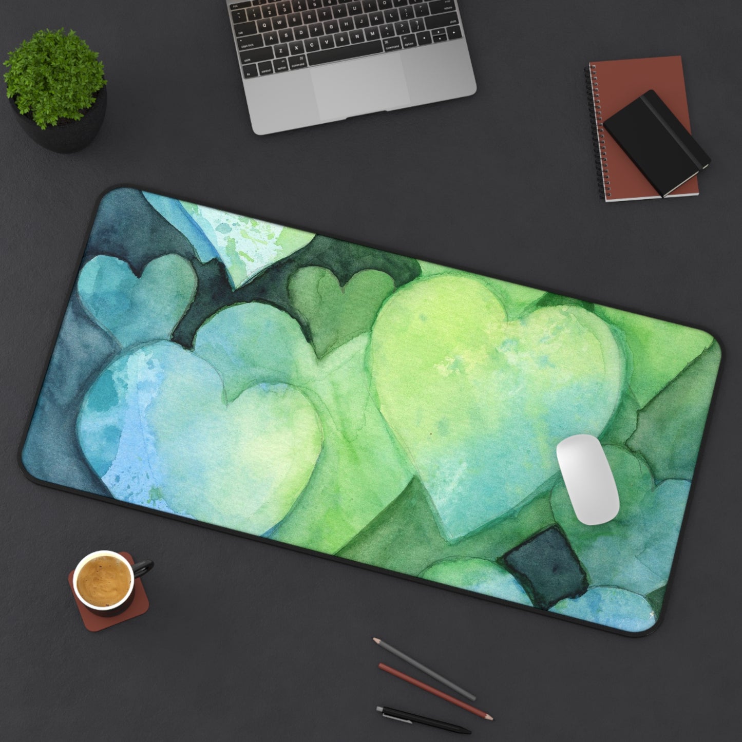 Blue and Green Hearts Desk Mat